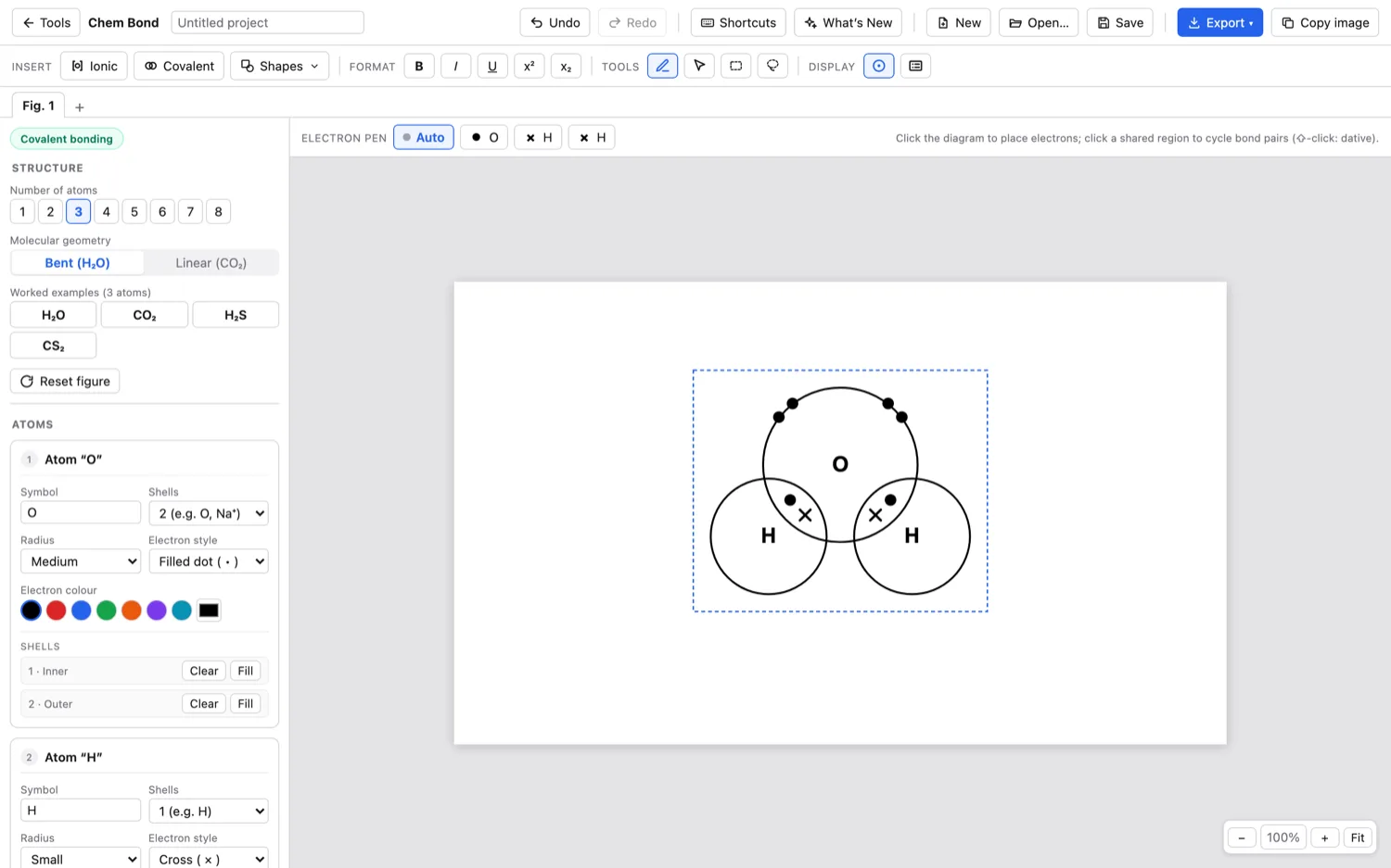 Chem Bond — Water, as a covalent dot-and-cross, with the editor open on the left.
