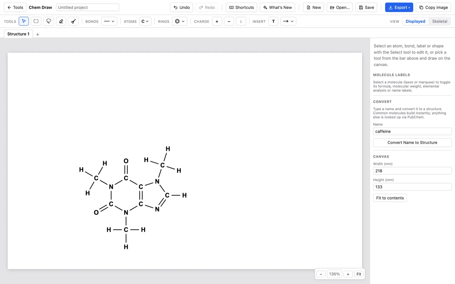 Chem Draw — Caffeine, drawn from its name, showing every atom.