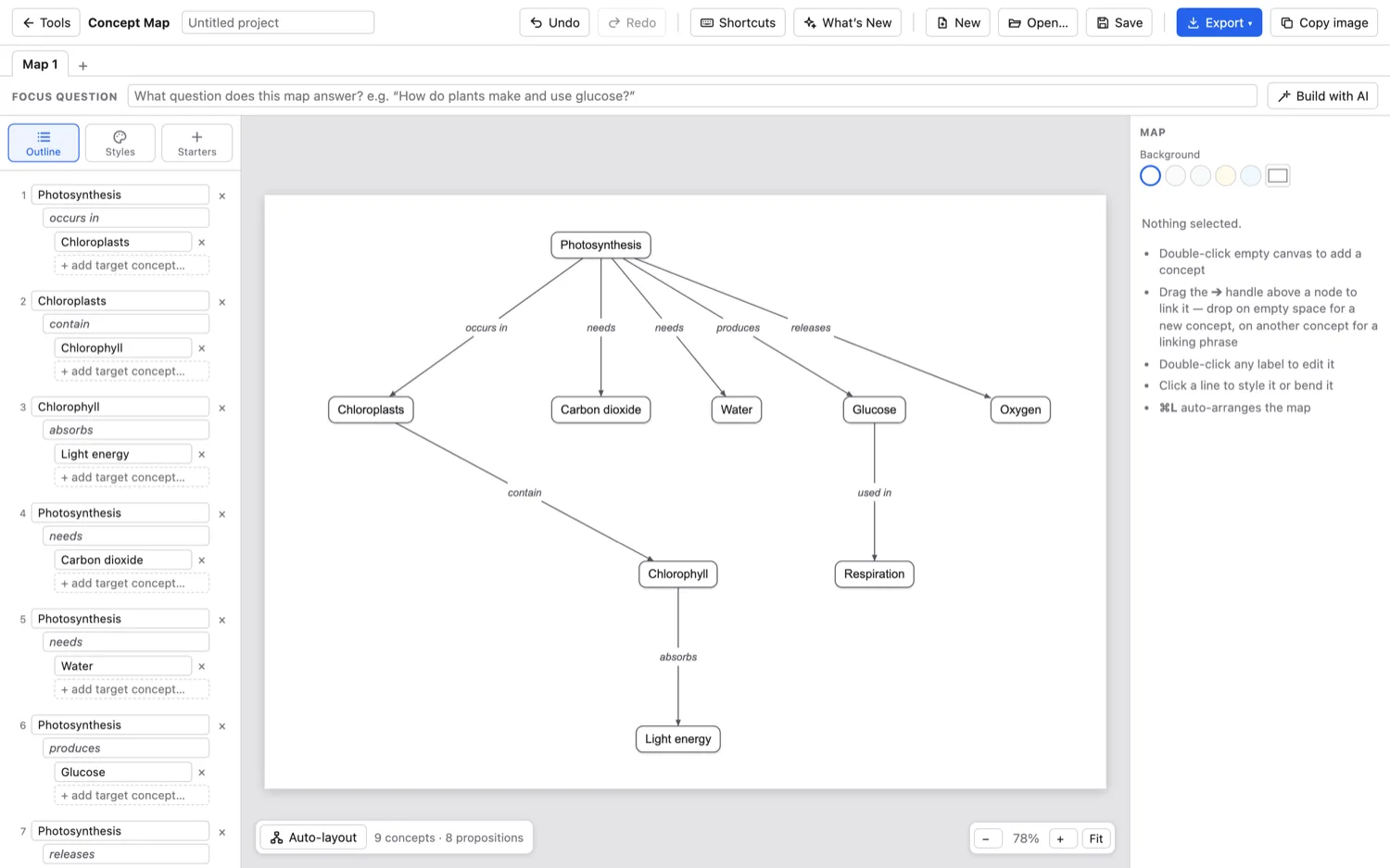Concept Map — Type the links and the map arranges itself (photosynthesis).