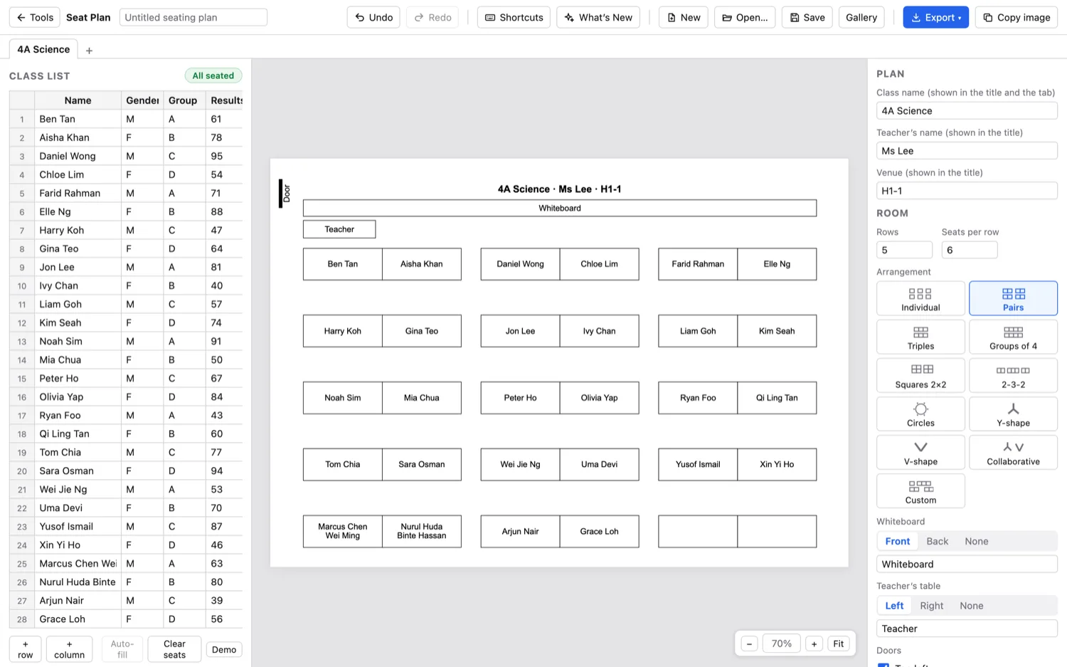 Seat Plan — A class seated in pairs, from a pasted list.