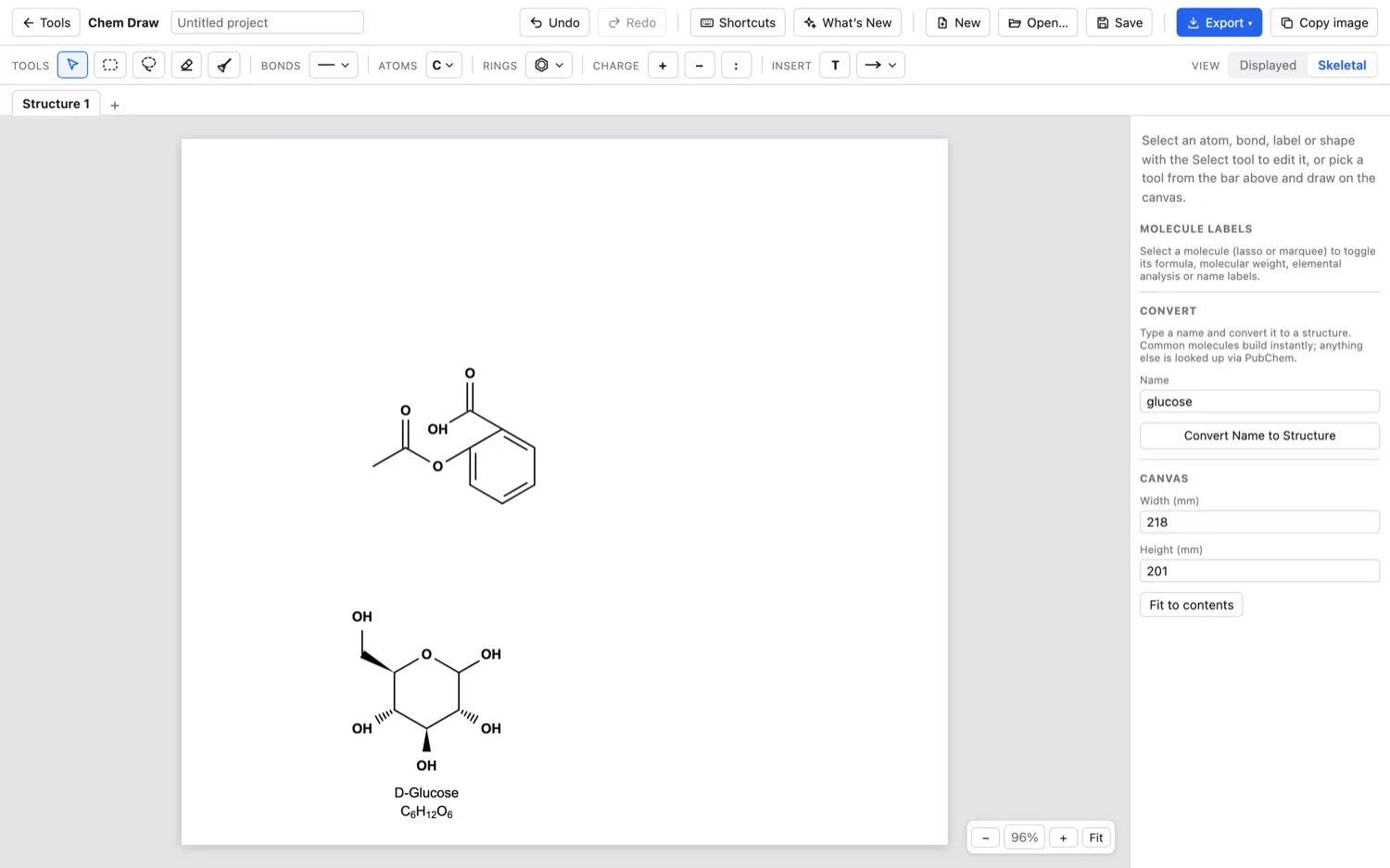 Chem Draw — Add the formula, mass or name to any structure (glucose).
