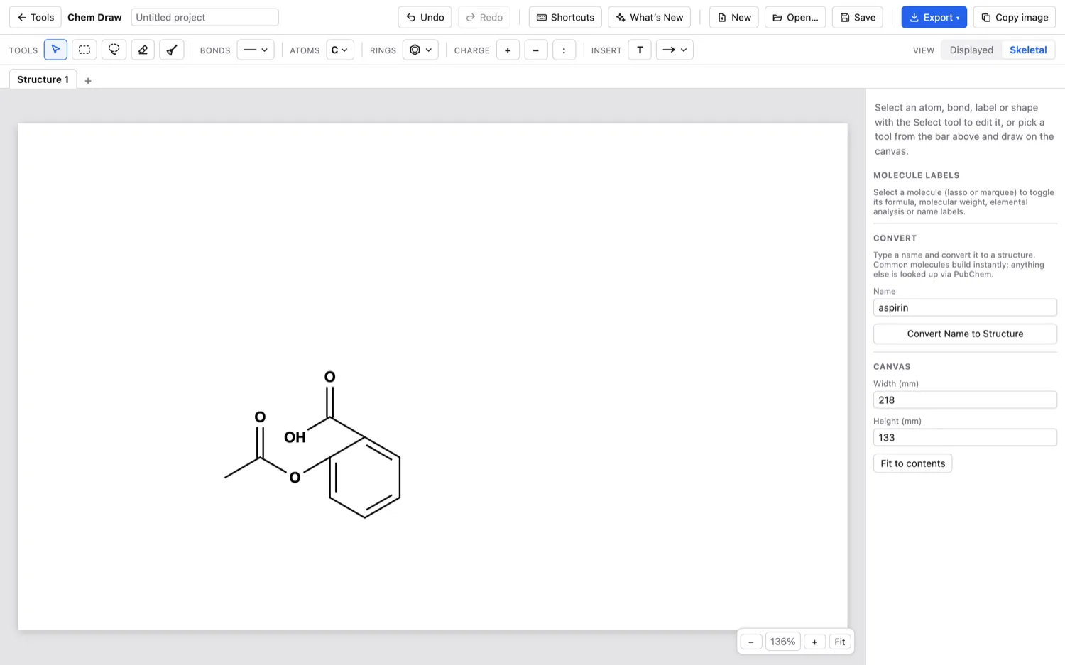 Chem Draw — The same thing in skeletal form (aspirin).