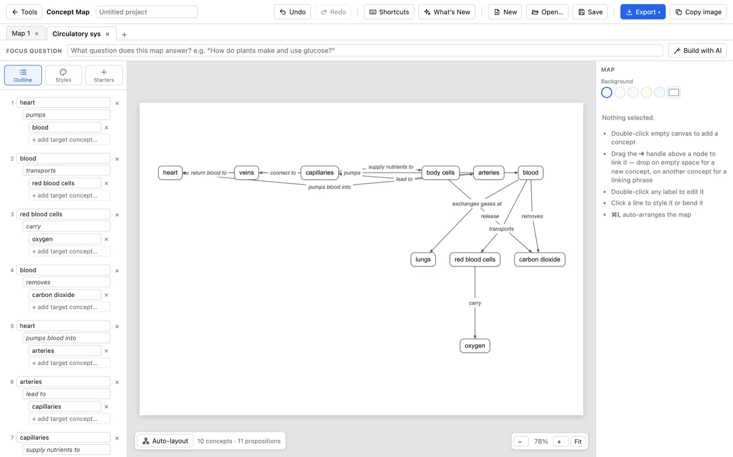 Concept Map — Or list your concepts and let the AI join them up (circulatory system).