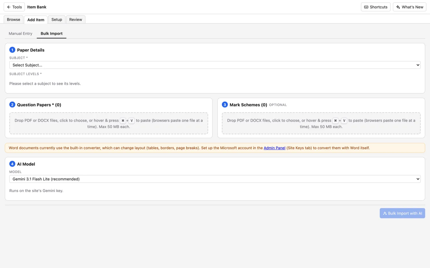 Item Bank — Or drop in a PDF paper and the AI pulls out each question.