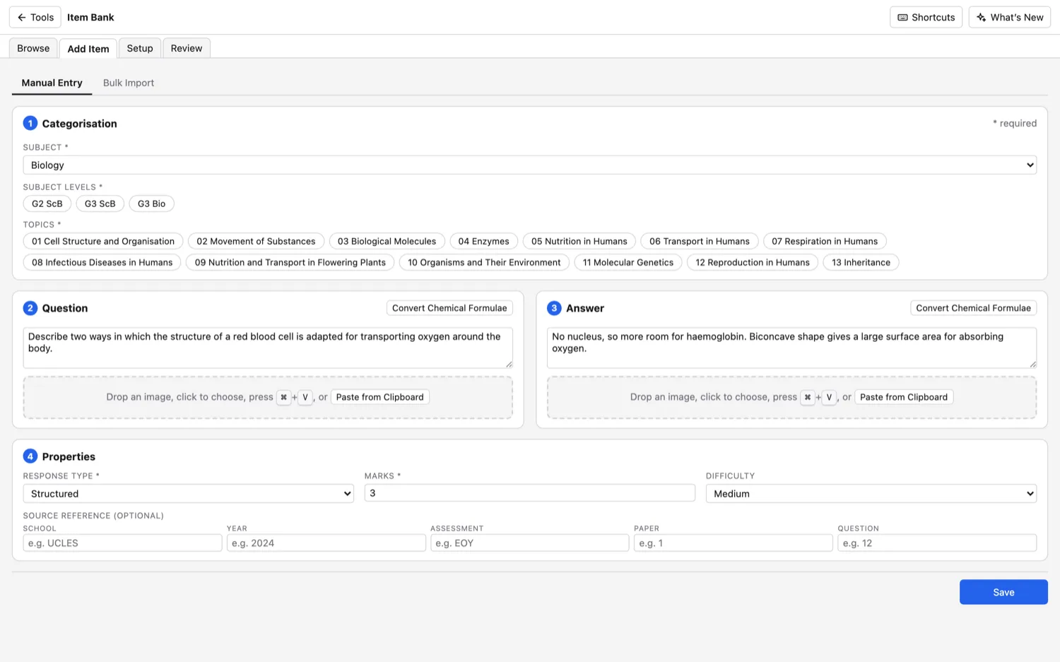 Item Bank — Add a question by hand: type it, tag it by topic and level, and set the marks.