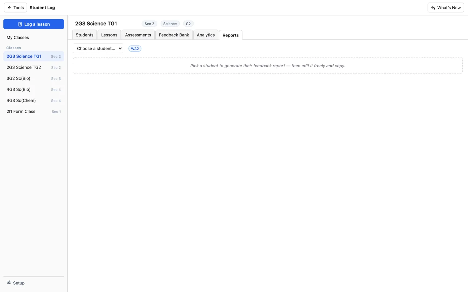 Student Log — Generate a feedback report for any student, then edit it.